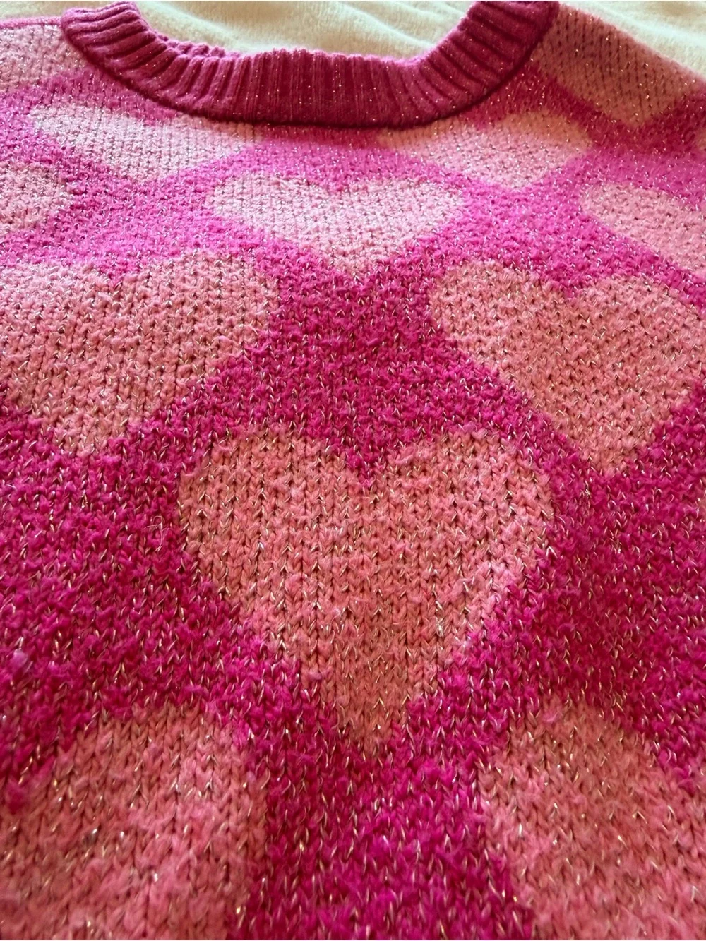 Old Navy Hot Pink and Light Pink Heart-Pattern Crewneck Sweater